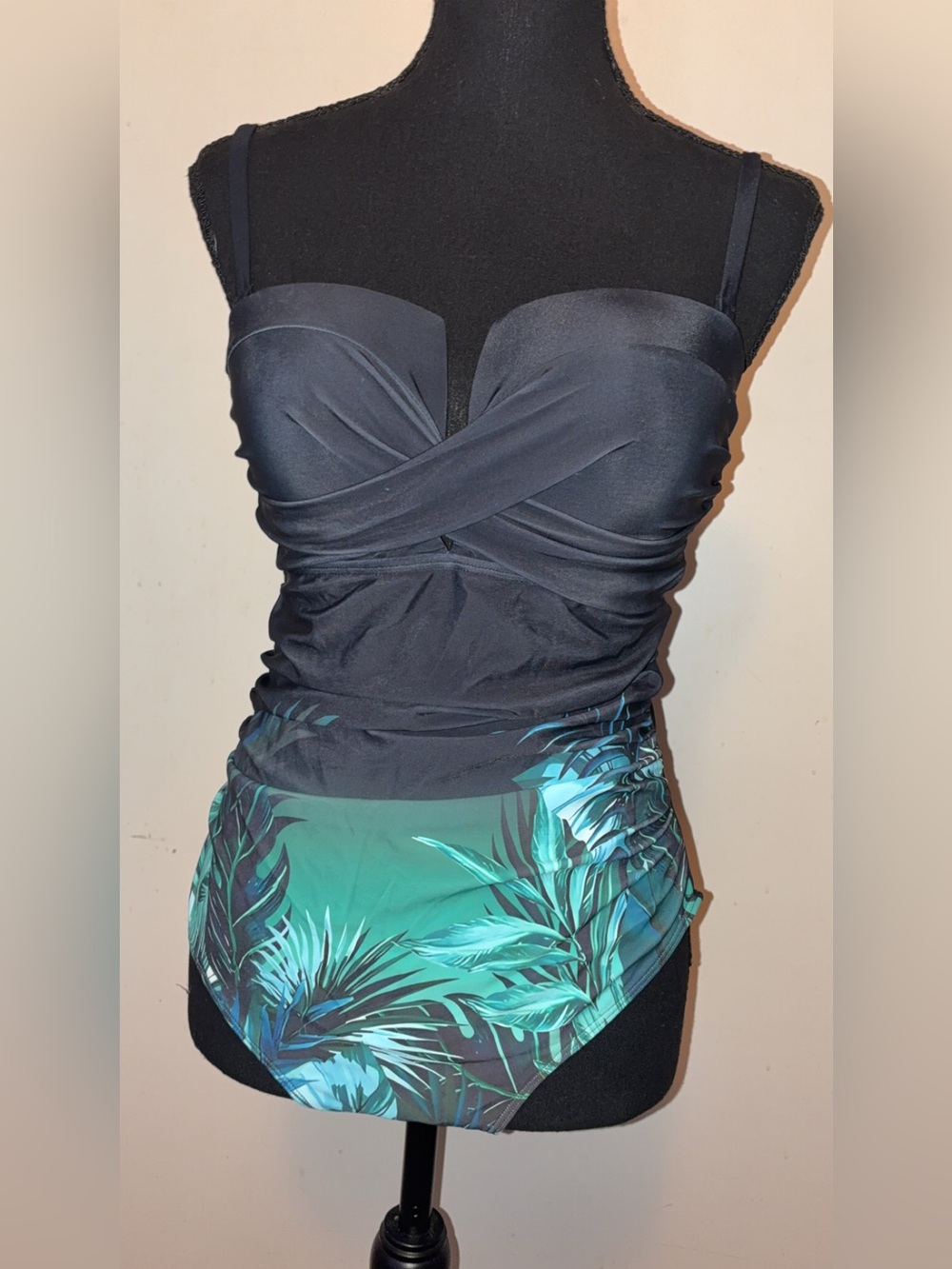 Tropical Black & Green One-Piece Swimsuit with Ruched Waist